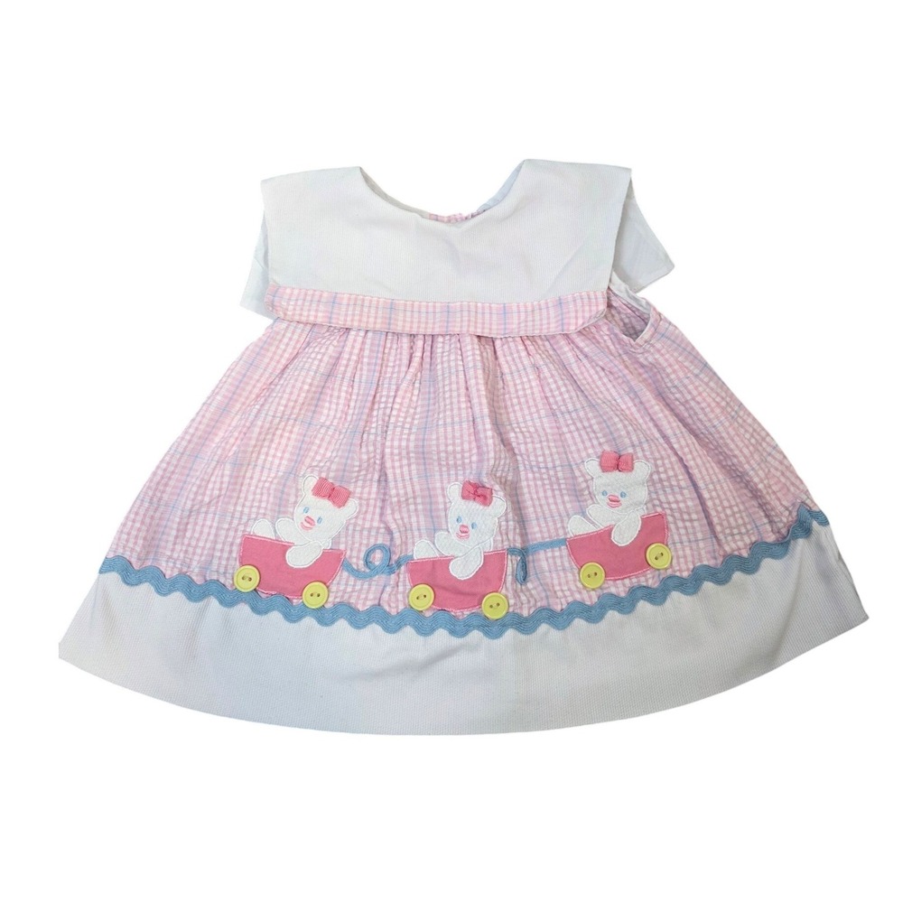 Class Club Baby Girls Pink Seersucker Teddy Bear Applique Dress 12M /B64